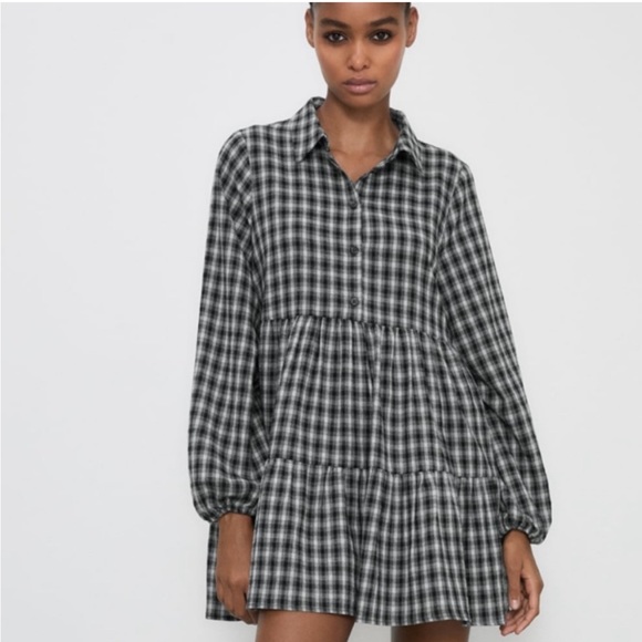 Zara Dresses Zara Plaid Black And White Checkered Flowy Long Sleeve Dress Poshmark